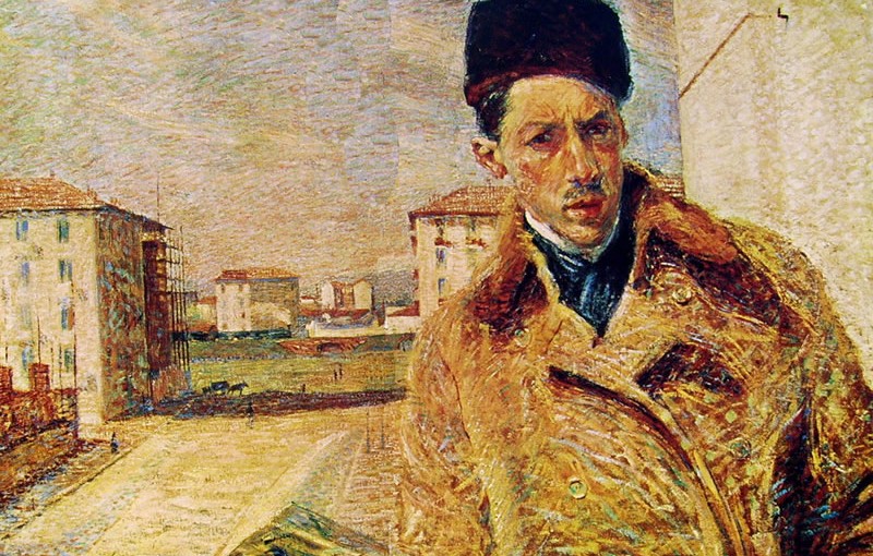 Umberto Boccioni: Autoritratto, tela 70 x 100 cm., Milano Pinacoteca di Brera (Attenzione! Foto non fedele all'originale per quanto riguarda lo sfondo nella zona centrale).